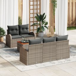Gossi set canapea gradina 6 piese cu perne gri din ratan poli si masa din acacia, Gossi canapea gradina 2 locuri cu spatiu stocare si perne gri din ratan poli