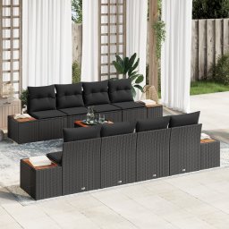Gossi set canapea gradina 9 piese cu perne negru ratan poliester lemn acacia