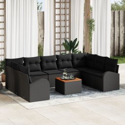 Gossi set canapele de gradina cu 10 piese si perne din ratan poli negru, acacia, Gossi canapea de gradina cu 2 locuri cu depozitare si perne din ratan poli negru