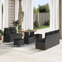 Gossi set de canapea de gradina 8 piese cu perne ratan poli negru acacia, Gossi canapea de gradina cu 2 locuri cu depozitare si perne ratan poli negru, Gossi set de dining de gradina 3 piese cu perne ratan poli negru acacia