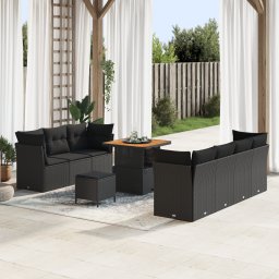 Gossi set de canapea de gradina cu 10 piese cu perne ratan poli negru acacia, Gossi set de dining pentru gradina cu 3 piese cu perne ratan poli negru acacia