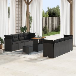 Gossi set de canapea de gradina cu 11 piese si perne negru poli ratan acacia, Gossi set de dining de gradina cu 3 piese si perne negru poli ratan acacia