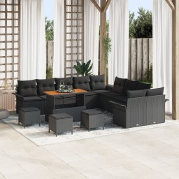 Gossi set de canapea de gradina cu 14 piese cu perne negru poli ratan acacia, Gossi canapea de gradina cu 2 locuri cu depozitare si perne negru poli ratan, Gossi set de dining de gradina cu 4 piese cu perne negru poli ratan acacia