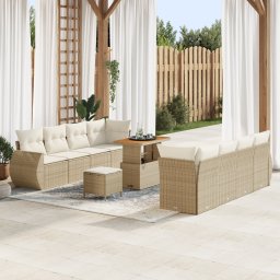 Gossi set de canapea pentru gradina din 11 piese cu perne bej din ratan poly si acacia, set de dining pentru gradina din 3 piese cu perne bej din ratan poly si acacia