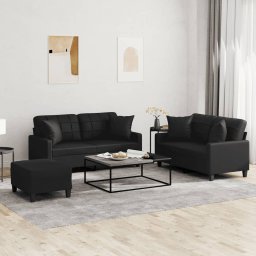 Gossi set de canapele cu perne, 3 piese, negru, piele ecologica