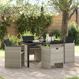 Gossi set de mese gradina cu 5 piese si perne gri deschis poli ratan, masa gradina Gossi neagra 140x80x73 cm din sticla temperata