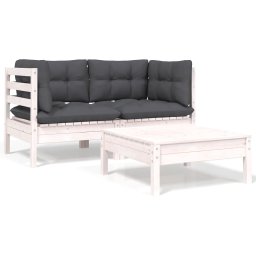 Gossi set mobilier de gradina cu perne, 3 piese, alb, lemn masiv pin