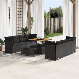 Set 11 piese gradina Gossi cu pernute negre ratan poly si acacia, set 3 piese masa gradina Gossi cu pernute negre ratan poly si acacia