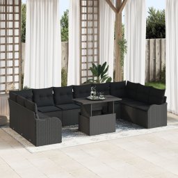 Set 11 piese gradina perne ratan poli negru, canapea gradina 2 locuri spatiu depozitare & perne ratan poli negru