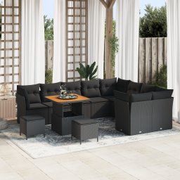 Set 12 piese sofa gradina cu perne, ratan negru, acacia, set 3 piese servit masa gradina cu perne, ratan negru, acacia
