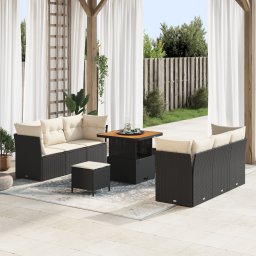 Set canapea de 9 piese Gossi cu perne, rattan poli negru, acacia, set de dining de gradina de 3 piese Gossi cu perne, rattan poli negru, acacia