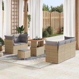 Set canapea de gradina cu 8 piese si perne bej din ratan sintetic, set dining pentru gradina cu 3 piese si perne bej din ratan sintetic