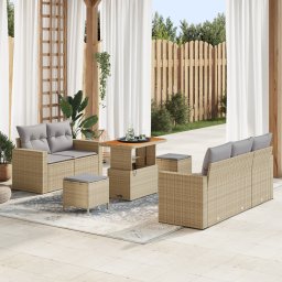 Set canapea de gradina Gossi 8 piese cu perne bej ratan poli acacia, set de masa de gradina Gossi 3 piese cu perne bej ratan poli acacia
