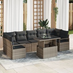 Set canapea de gradina Gossi 8 piese cu perne gri poli ratan, canapea de gradina Gossi pentru doua persoane cu spatiu de depozitare & perne gri poli ratan
