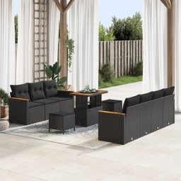Set canapea de gradina Gossi cu 10 piese si perne negru ratan polimeric acacia, set de gradina Gossi cu 3 piese si perne negru ratan polimeric acacia