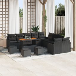 Set canapea de gradina Gossi cu 13 piese cu perne negru ratan poliester acacia, canapea de gradina Gossi pentru 2 persoane cu perne negru ratan poliester, set masa gradina Gossi cu 3 piese cu perne negru ratan poliester acacia