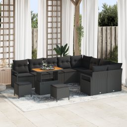 Set canapea gradina 12 piese cu perne negre ratan sintetic acacia, canapea gradina cu stocare si 2 locuri negre ratan sintetic, set dining gradina 3 piese cu perne negre ratan sintetic acacia