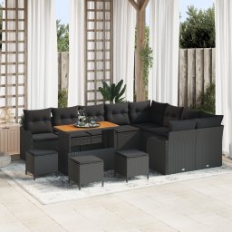 Set canapea gradina cu 13 piese si perne negre din poli ratan, canapea gradina cu 2 locuri, cu depozitare si perne negre din poli ratan, set dining gradina cu 4 piese si perne negre din poli ratan
