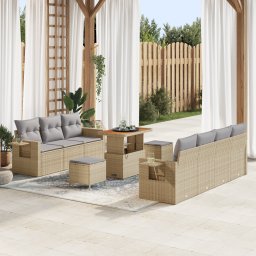Set canapea gradina Gossi 10 piese cu perne bej ratan poli acacia, set dining gradina Gossi 3 piese cu perne bej ratan poli acacia