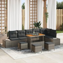 Set canapea gradina Gossi 10 piese cu perne gri din ratan acacia, canapea gradina Gossi 2 locuri cu perne gri din ratan, set dining gradina Gossi 4 piese cu perne gri din ratan acacia
