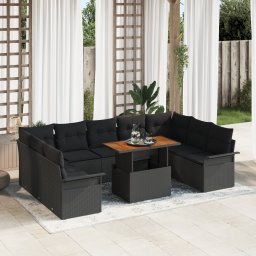 Set canapea gradina Gossi 10 piese cu perne rattan polimerizat negru, canapea gradina Gossi 2 locuri cu spatiu stocare & perne rattan polimerizat negru