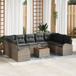 Set canapea gradina Gossi 10 piese gri cu pernite ratan poli acacia, canapea gradina Gossi 2 persoane cu spatiu de depozitare si pernite gri ratan poli