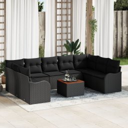 Set canapea gradina Gossi 10 piese perne negru ratan poli acacia, canapea gradina Gossi 2 locuri depozitare perne negru ratan poli