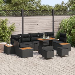 Set canapea gradina Gossi 10 piese perne negru ratan poli acacia, canapea gradina Gossi 2 persoane cu spatiu stocare si perne negru ratan poli, set dining gradina Gossi 3 piese cu perne negru ratan poli acacia