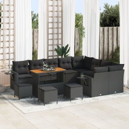 Set canapea gradina Gossi 12 piese cu perne negru ratan poliratan acacia, set dining gradina Gossi 3 piese cu perne negru ratan poliratan acacia