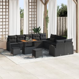 Set canapea gradina Gossi 13 piese cu perne negru ratan poliester acacia, canapea gradina Gossi 2 locuri cu spatiu depozitare & perne negru ratan poliester, set masa gradina Gossi 3 piese cu perne negru ratan poliester acacia