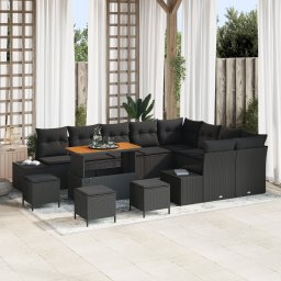 Set canapea gradina Gossi 13 piese cu pernite ratan polimer negru acacia, set canapea gradina Gossi pentru 2 persoane cu spatiu de depozitare si pernite ratan polimer negru, set dining gradina Gossi 4 piese cu pernite ratan polimer negru acacia