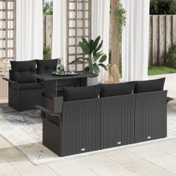 Set canapea gradina Gossi 6 piese cu perne din ratan poly negru, canapea gradina Gossi 2 persoane cu depozitare si perne din ratan poly negru