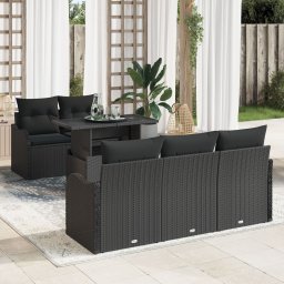 Set canapea gradina Gossi 6 piese cu perne negru ratan poliester, canapea gradina Gossi 2 locuri cu spatiu de depozitare si perne negru ratan poliester