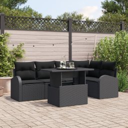 Set canapea gradina Gossi 6 piese cu perne ratan poli negru, canapea gradina Gossi cu 2 locuri, depozitare & perne ratan poli negru