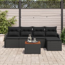 Set canapea gradina Gossi 6 piese cu perne ratan polietilenic negru si acacia, set canapea gradina Gossi 2 locuri cu depozit si perne ratan polietilenic negru