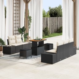 Set canapea gradina Gossi 8 piese cu perne negre din poli ratan acacia, canapea gradina Gossi 2 locuri cu perne negre din poli ratan, set dining gradina Gossi 3 piese cu perne negre din poli ratan acacia