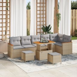 Set canapea gradina Gossi 9 piese + perne bej ratan polimeric acacia, set dining gradina Gossi 3 piese + perne bej ratan polimeric acacia