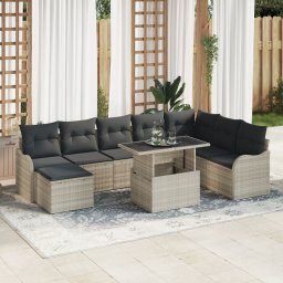 Set canapea gradina Gossi 9 piese cu perne gri deschis ratan poli, canapea gradina Gossi 2 locuri cu perne gri deschis ratan poli