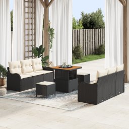 Set canapea gradina Gossi 9 piese cu perne negre din ratan poli acacia, canapea gradina Gossi 2 locuri cu depozitare si perne negre din ratan poli, set dining gradina Gossi 3 piese cu perne negre din ratan poli acacia