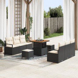 Set canapea gradina Gossi 9 piese cu perne negru ratan poli acacia, canapea gradina Gossi 2 locuri cu perne negru ratan poli, set dining gradina Gossi 3 piese cu perne negru ratan poli acacia