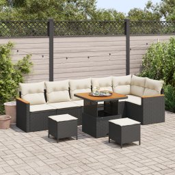 Set canapea gradina Gossi 9 piese cu perne negru ratan poliester acacia, set dining gradina Gossi 3 piese cu perne negru ratan poliester acacia