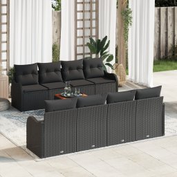 Set canapea gradina Gossi 9 piese cu perne ratan negru acacia, canapea gradina Gossi cu doua locuri cu depozitare si perne ratan negru