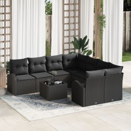 Set canapea gradina Gossi 9 piese cu pernute negru ratan poli, canapea gradina Gossi 2 persoane cu spatiu depozitare & pernute negru ratan poli