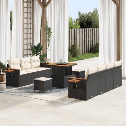 Set canapea gradina Gossi cu 10 piese perne negre rattan pe acacia, set dining gradina Gossi cu 3 piese perne negre rattan pe acacia