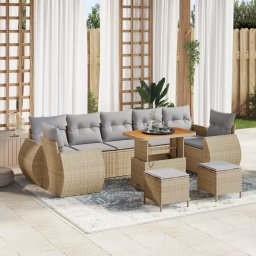 Set canapea gradina Gossi cu 10 piese si perne bej din ratan polimer acacia, set dining gradina Gossi cu 3 piese si perne bej din ratan polimer acacia