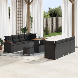 Set canapea gradina Gossi cu 11 piese si perne negru poli ratan acacia, set dining gradina Gossi cu 3 piese si perne negru poli ratan acacia