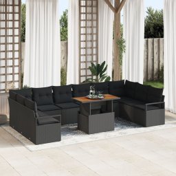 Set canapea gradina Gossi cu 11 piese si perne negru ratan polimeric, canapea gradina Gossi cu 2 locuri cu depozitare si perne negru ratan polimeric
