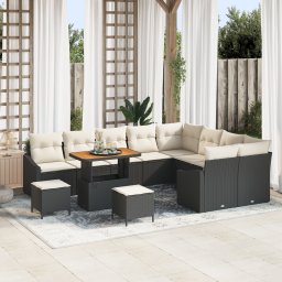 Set canapea gradina Gossi cu 12 piese si perne negru ratan polimeric acacia, set dining gradina Gossi cu 3 piese si perne negru ratan polimeric acacia, canapea gradina cu 2 locuri Gossi cu perne negru ratan polimeric