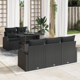 Set canapea gradina Gossi cu 6 piese perne negru ratan poli, canapea gradina Gossi 2 persoane cu spatiu depozitare si perne negru ratan poli