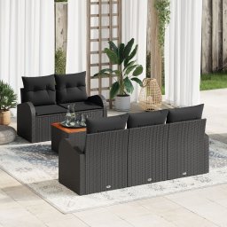 Set canapea gradina Gossi cu 6 piese si perne negre din ratan poli, lemn de acacia, canapea gradina Gossi cu 2 locuri, cu depozitare & perne negre din ratan poli